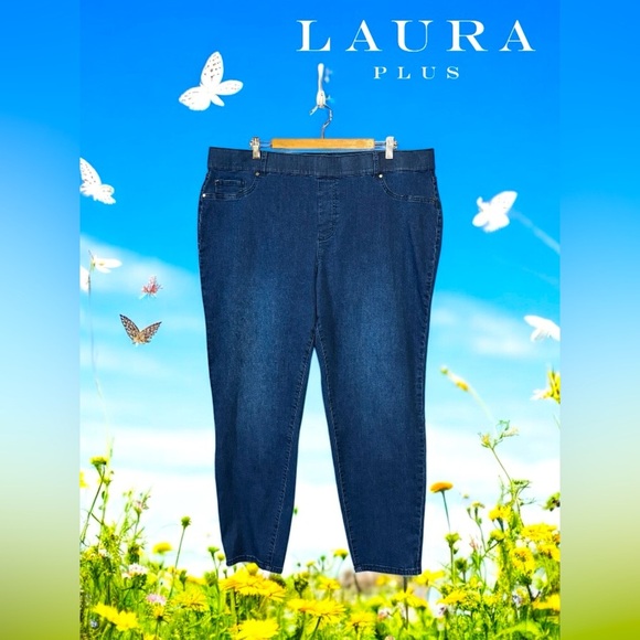 Laura Plus, Plus Size Slim-Leg Pull-On Jeans, 22W, Blue - Picture 1 of 9